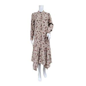 Begonia Puff Long Sleeve High Neck  Floral Print Hi-Low Dress Beige Womens Small